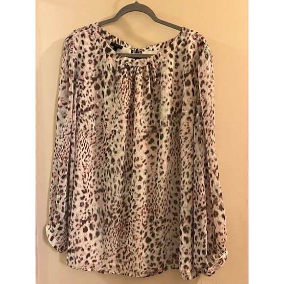 Talbots Blouse Women's Size 3X Snow Leopard Popover Round Tie Neck Pullover - Picture 4 of 5